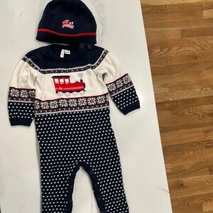 Janie and Jack Navy and White Footie with Red Train onesie jumpsuit playsuit